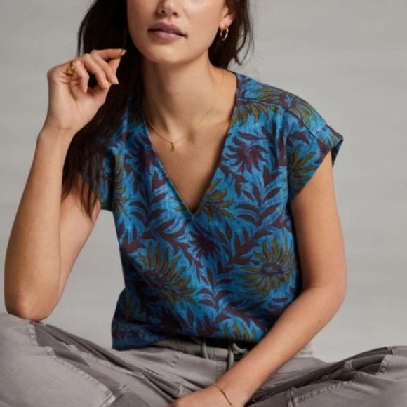 Anthropologie Tiny Women's Blue Floral V-Neck Cap Sleeve Blouse - Picture 1 of 8